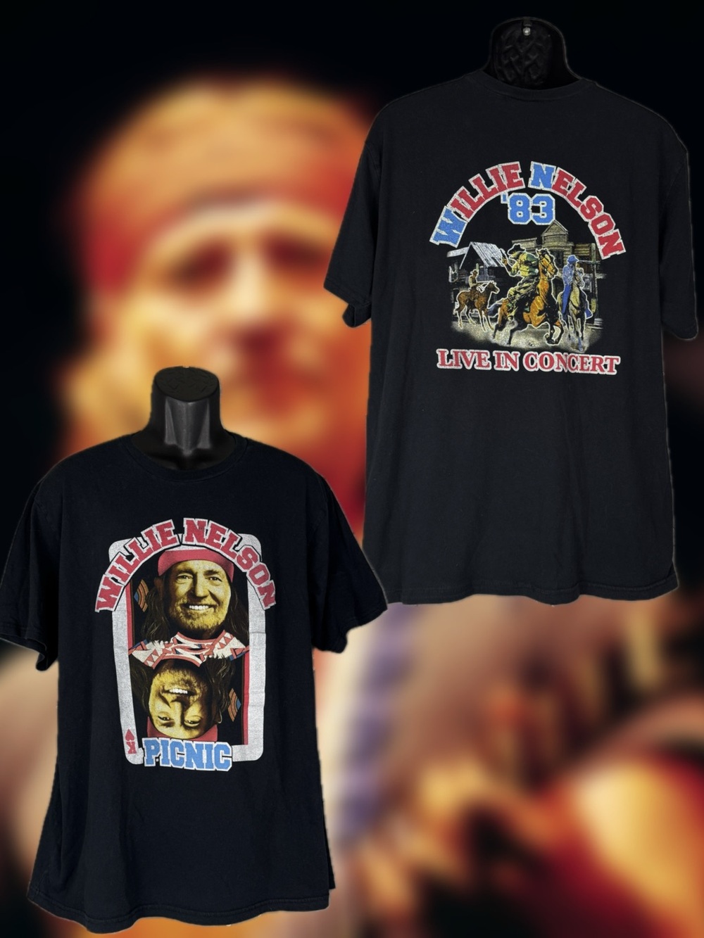 Willie Nelson Vintage 1983 Picnic King Of Hearts 2-Sided Concert Tee Black XL